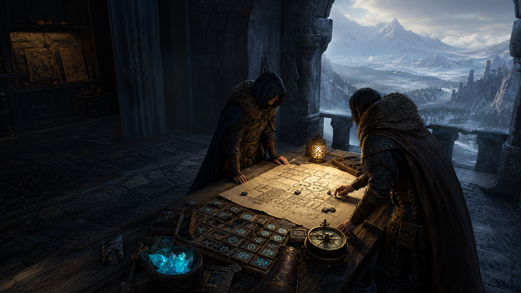 Adventurers choosing optional tools around a dungeon map