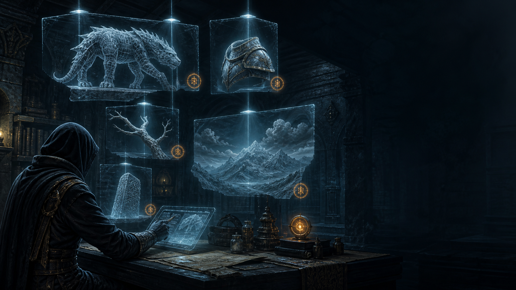 Fantasy archivist inspecting creature, equipment and environment assets