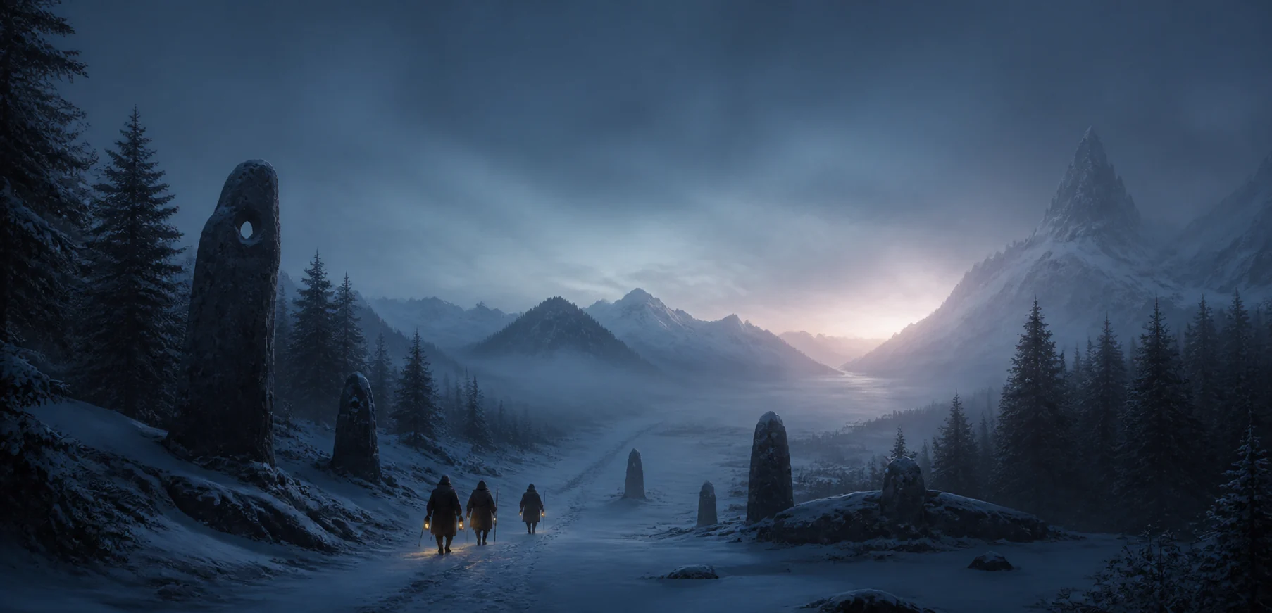 Three travellers crossing an original frozen northern wilderness